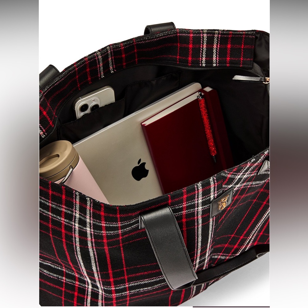 Victoria’s Secret Black & Red Plaid Tote Bag 13.75" x 22.83" x 7.375" Zip Top - Picture 8 of 12